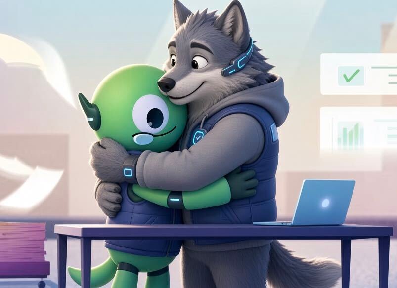 TechWolf and SmartRecruiters, together: a cartoon wolf hugging a green one-eyed character